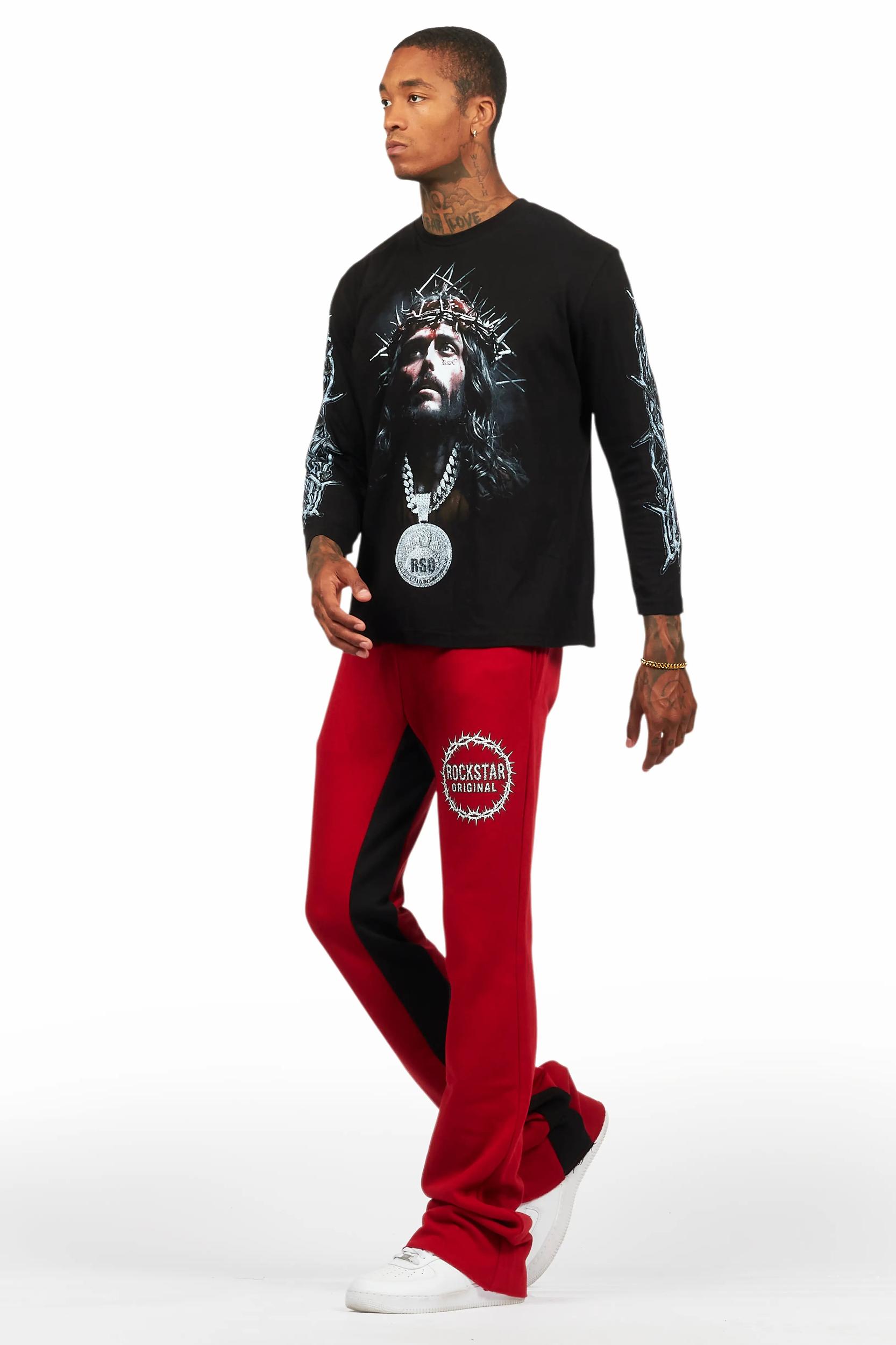 Amina Black/Burgundy Long Sleeve T-Shirt/Baggy Pant Set Male Product Image