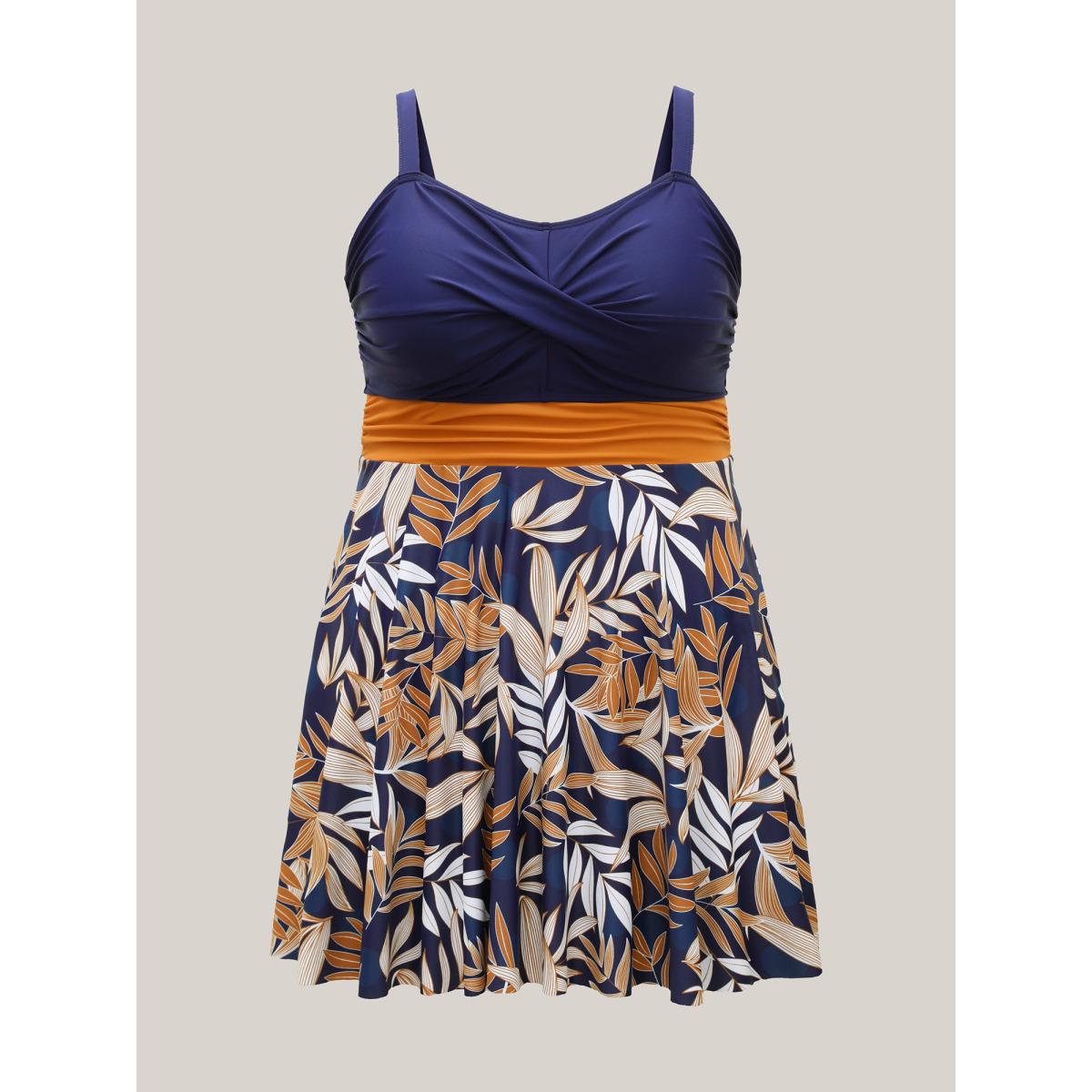 Plus Size Tropical Flower Color Block Swim Dress Women's Swimwear Indigo Resort Bodycon Heart neckline High stretch Curve Swim Dresses BloomChic 26/4X Product Image