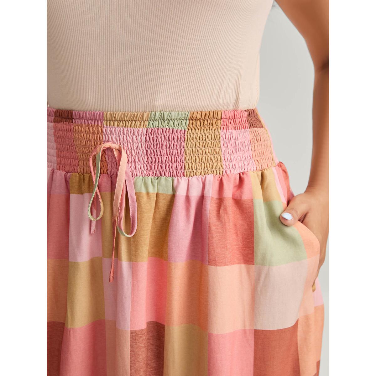 Plus Size Colorful Patchwork Shirred Waist Midi Skirt Women Nudepink Loose No stretch Side seam pocket Vacation Skirts BloomChic 18-20/2X Product Image