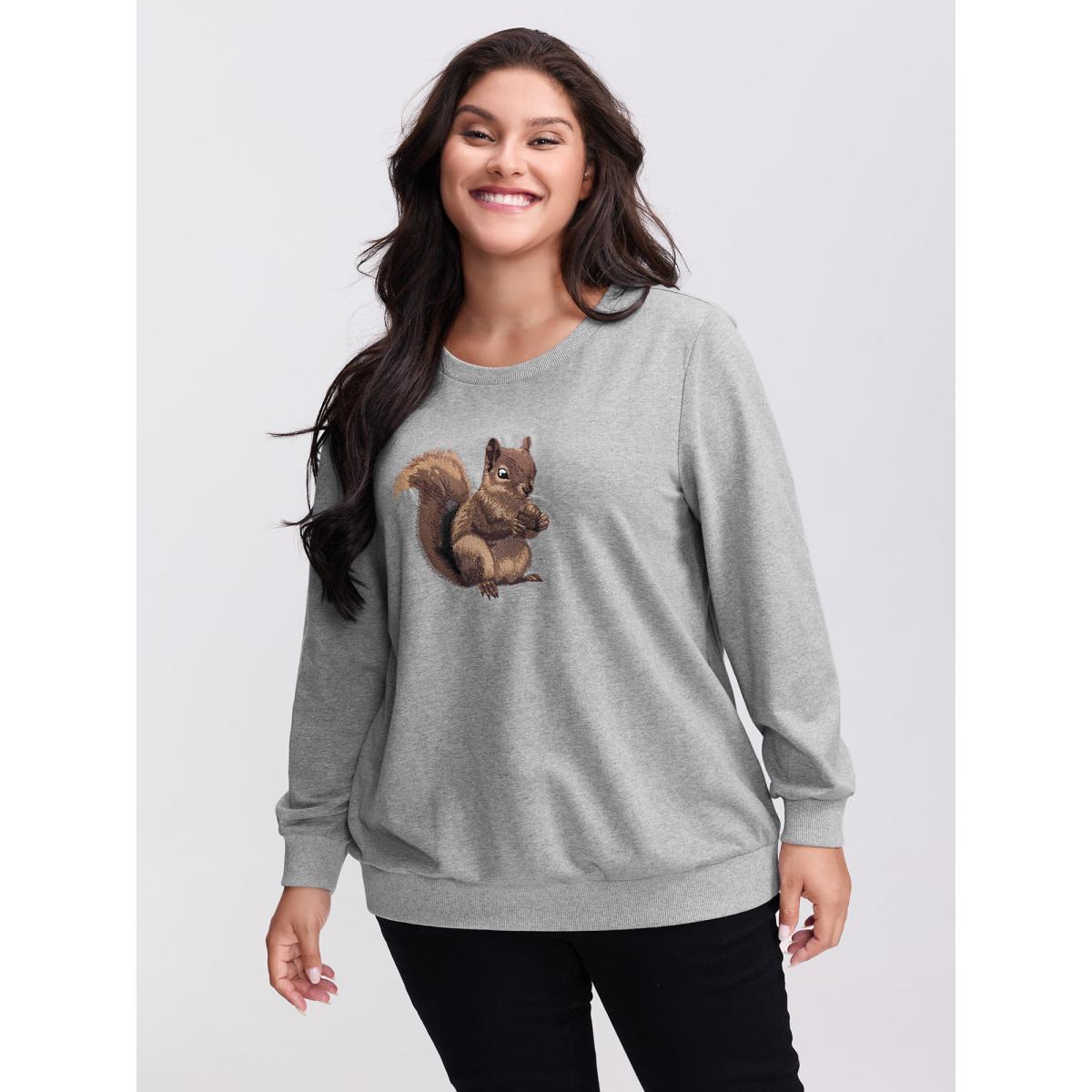 Plus Size Supersoft Squirrel Embroidered Sweatshirt Women DarkGray Leisure Embroidered Round Neck Casual Sweatshirts BloomChic 26/4X Product Image
