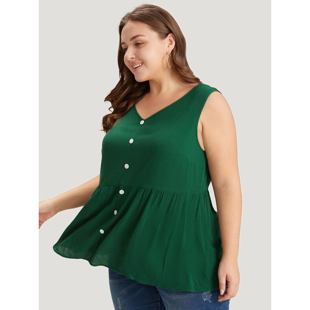 Plus Size Plain Flutter Hem Button Detail Tank Top Women DarkGreen Elegant Button V-neck Dailywear Tank Tops Camis BloomChic 30/6X Product Image