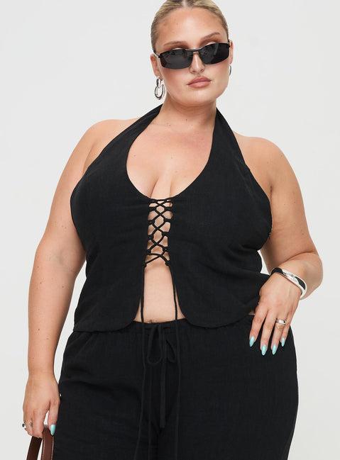 Clouded Linen Blend Vest Top Black Curve Product Image