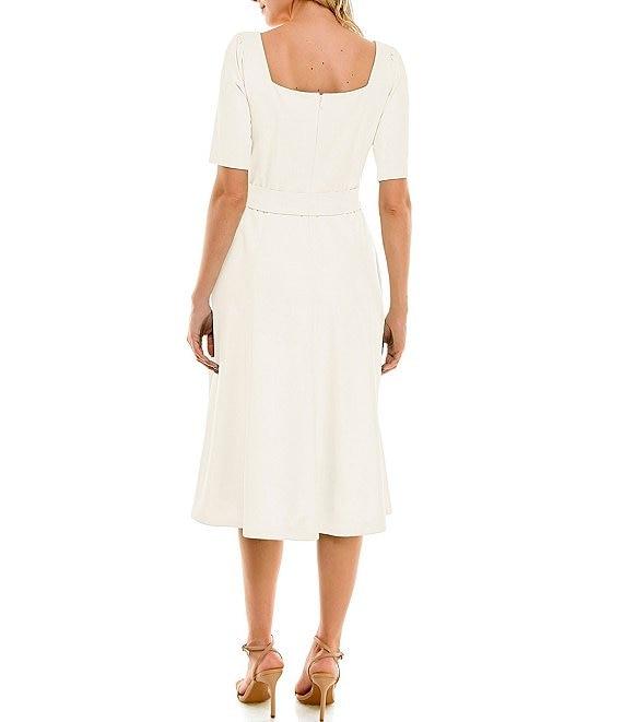 Maison Tara Short Sleeve Square Neck Belted Fit And Flare Midi Dress Product Image