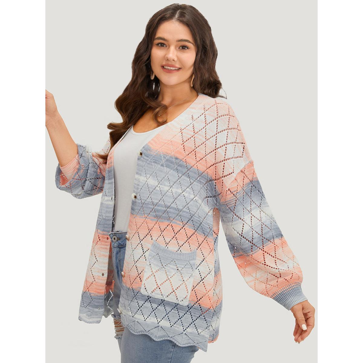 Plus Size Ombre Pocket Scalloped Trim Button Down Cardigan Coral Women Casual Loose Long Sleeve Dailywear Cardigans BloomChic 12/L Product Image