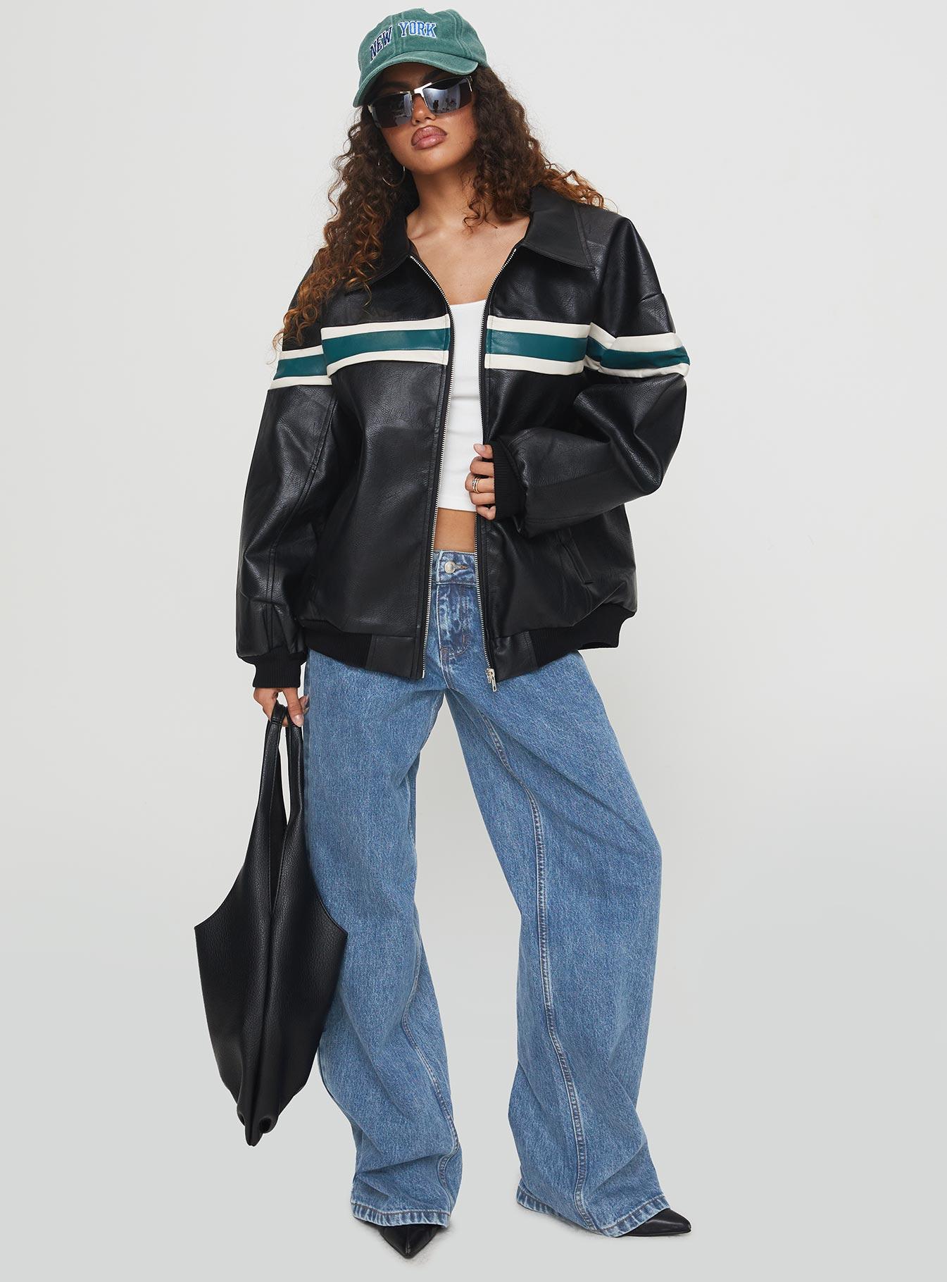 Goldsmith Faux Leather Bomber Jacket Black / Green Product Image