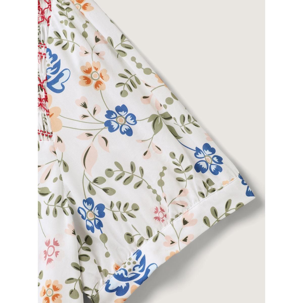 Plus Size Multicolor Floral Print Shirred Neck Blouse Women Short sleeve Round Neck Everyday-Elegant Blouses BloomChic 14-16/1X Product Image