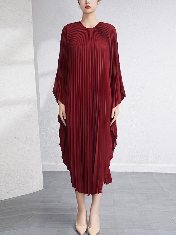 Batwing Sleeves Loose Pleated Solid Color Maxi Dresses Product Image