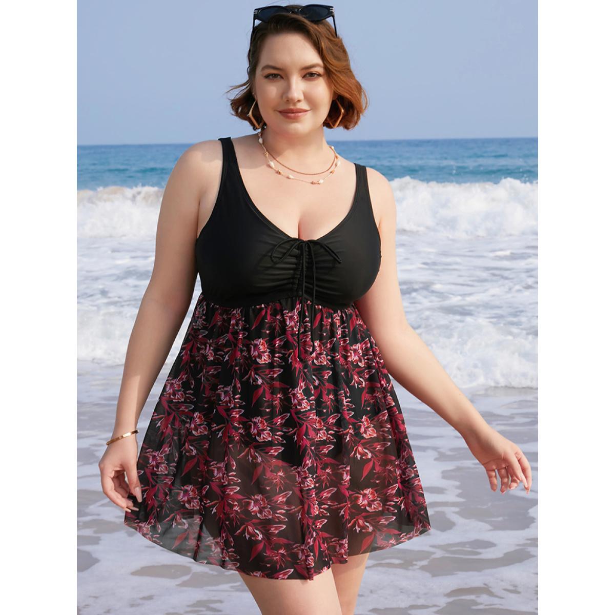 Plus Size Plant Print Drawstring Ruffles Ruched A Line Swim Dress Women's Swimwear Black Vacation Bodycon V-neck High stretch Curve Swim Dresses BloomChic 12/L Product Image