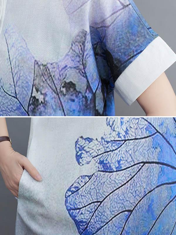 Artistic Retro Floral Printed Buttoned Lapel Collar Short Sleeves Midi Shirt Dress Product Image