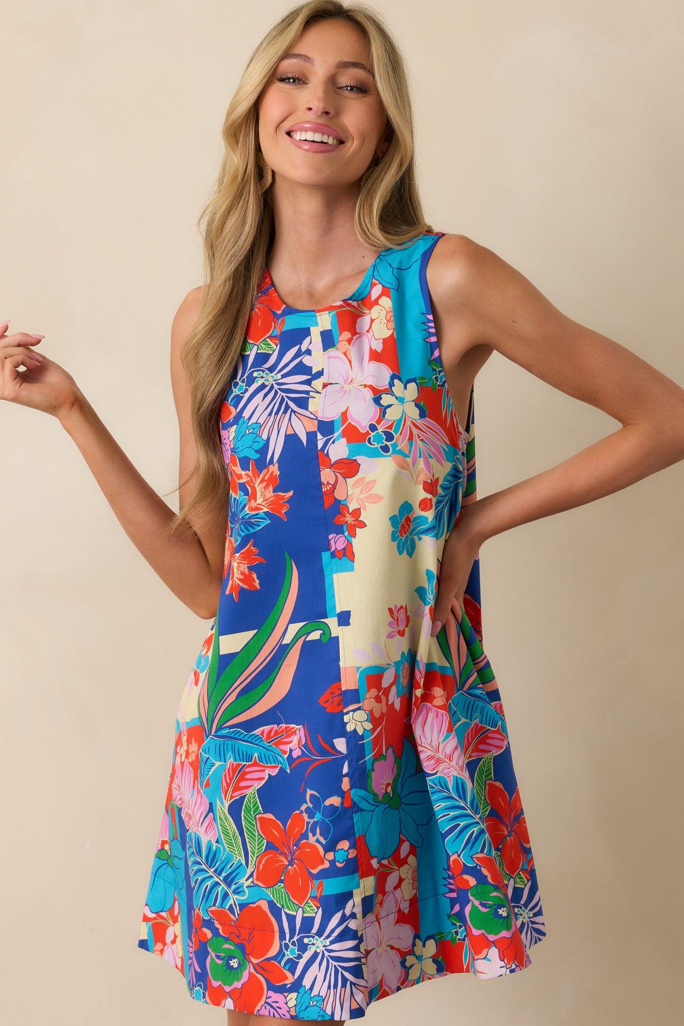 Glow From Within Blue Tropical Floral Cotton Mini Shift Dress Product Image