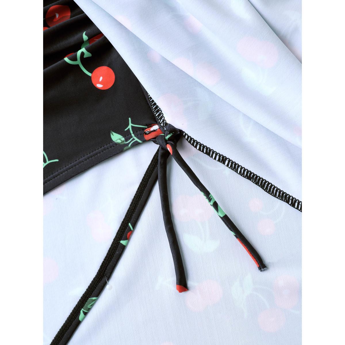 Plus Size Anti-Float Tie Cherry Print Swim Dress Women's Swimwear Black Resort Bodycon Heart neckline High stretch Curve Swim Dresses BloomChic 14-16/1X Product Image