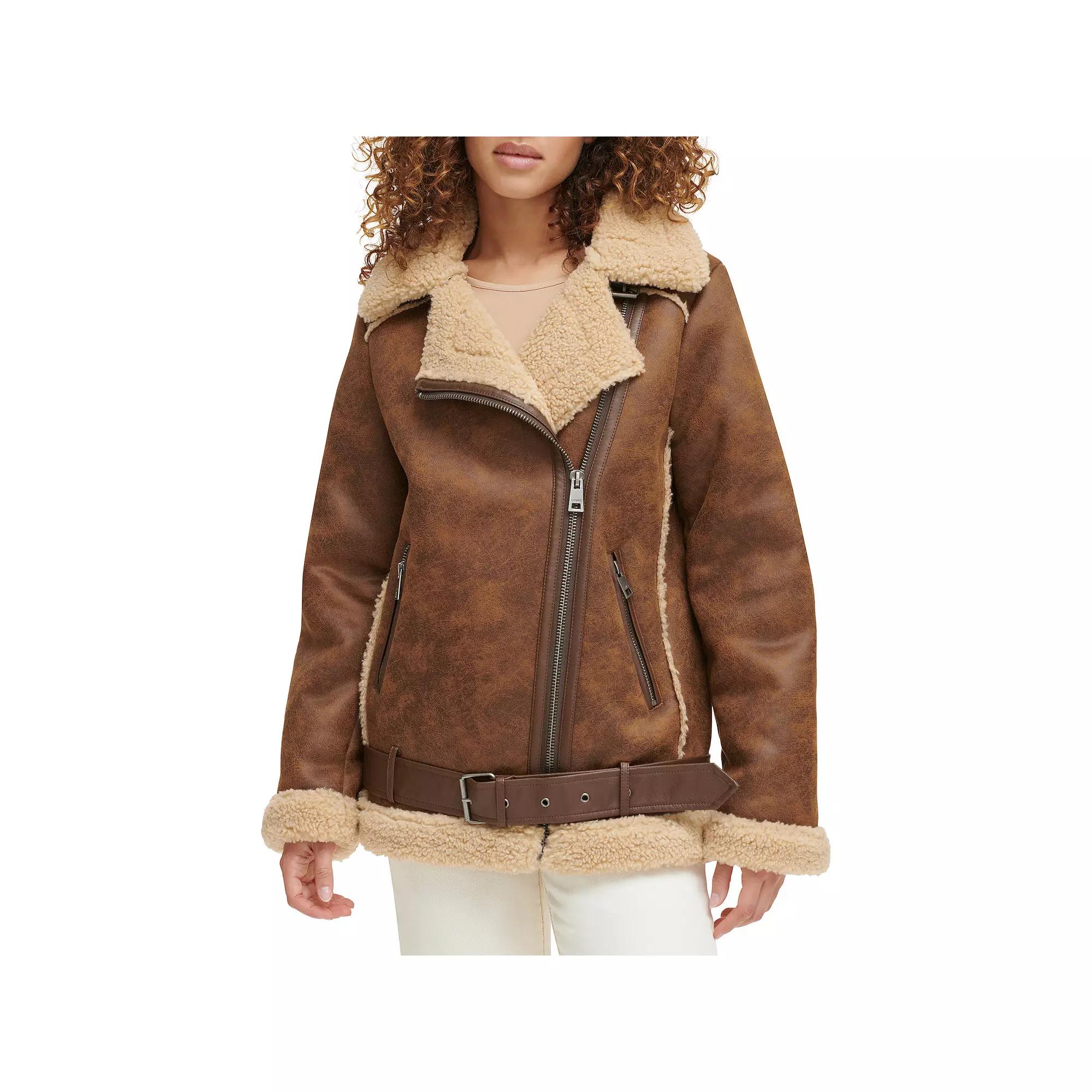 Women's Levi's® Faux Shearling & Suede Belted Moto Jacket, Size: Large, Brown Product Image