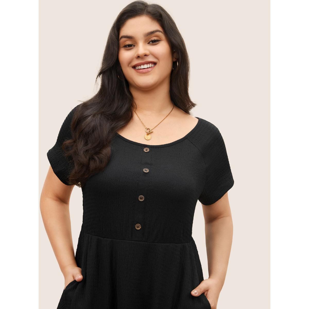 Plus Size Boat Neck Raglan Sleeve Button Detail Dress Black Women Casual Non Boat Neck Short sleeve Curvy Midi Dress BloomChic 30/6X Product Image