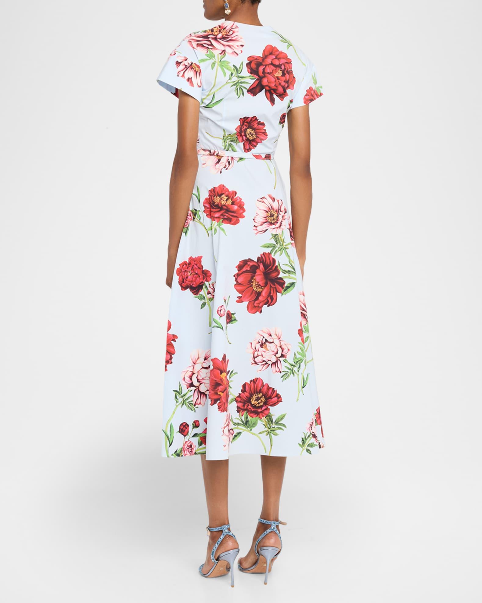 Short-Sleeve Peony-Printed Tea-Length Dress Product Image