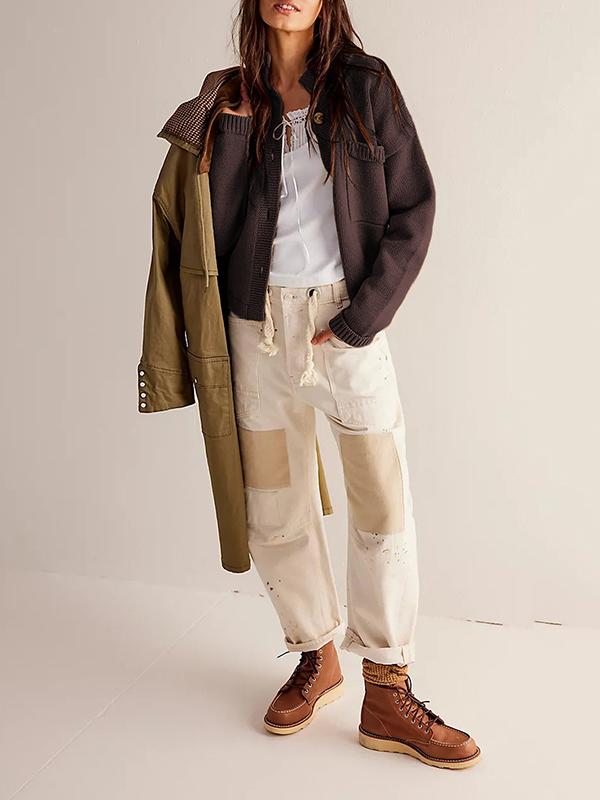 Long Sleeves Loose Buttoned Pockets Solid Color Split-Joint Stand Collar Cardigan Tops Product Image