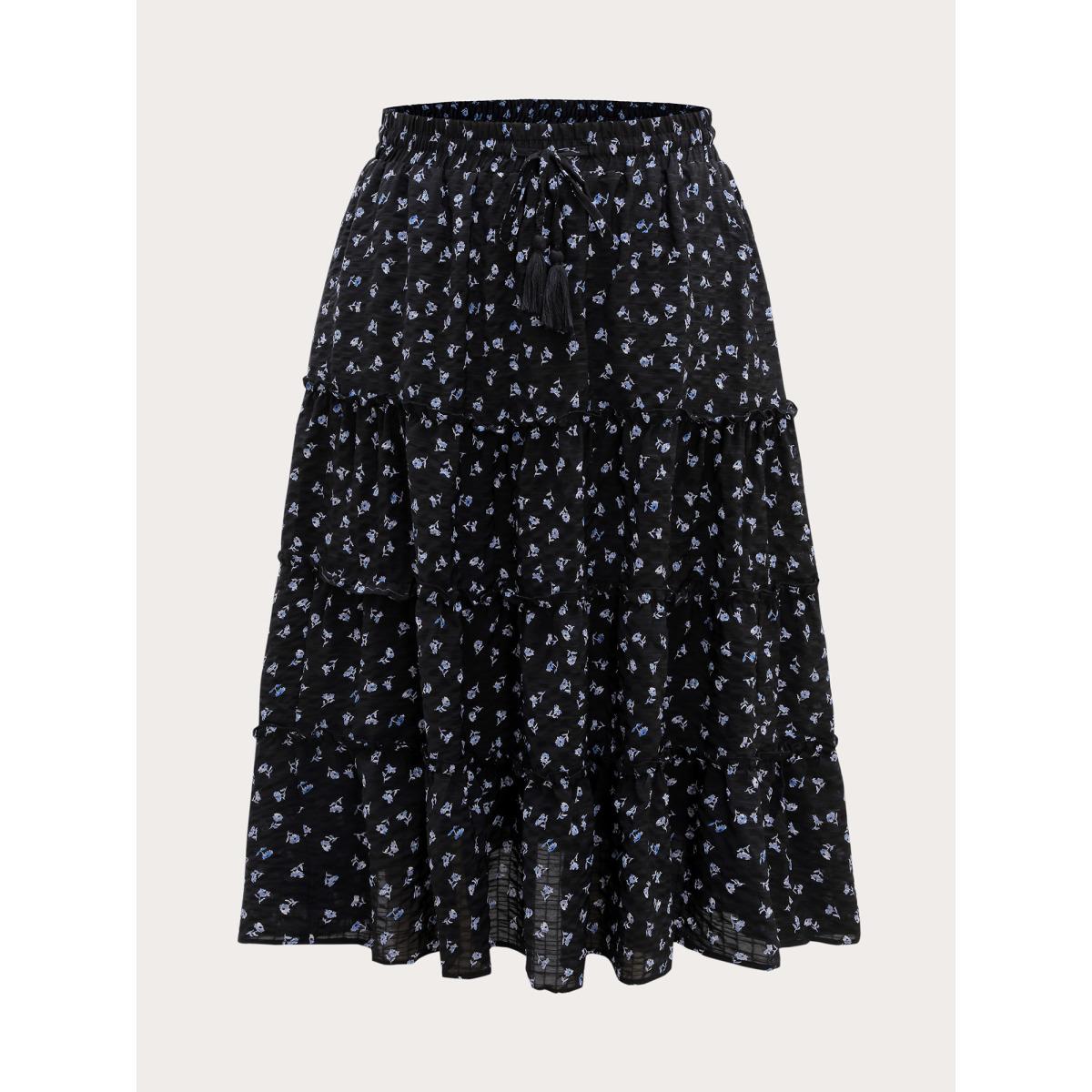 Plus Size Floral Print Bowknot Tiered Maxi Skirt Women BlackFlower Leisure Shirred Bodycon Low stretch Slanted pocket Casual Skirts BloomChic 22-24/3X Product Image