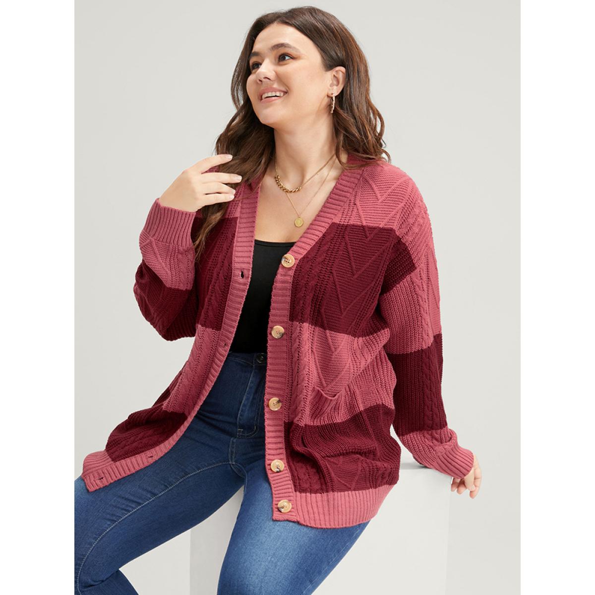 Plus Size Colorblock Contrast Pointelle Knit Pocket Button Front Cardigan Multicolor Women Casual Loose Long Sleeve Dailywear Cardigans BloomChic 10/M Product Image