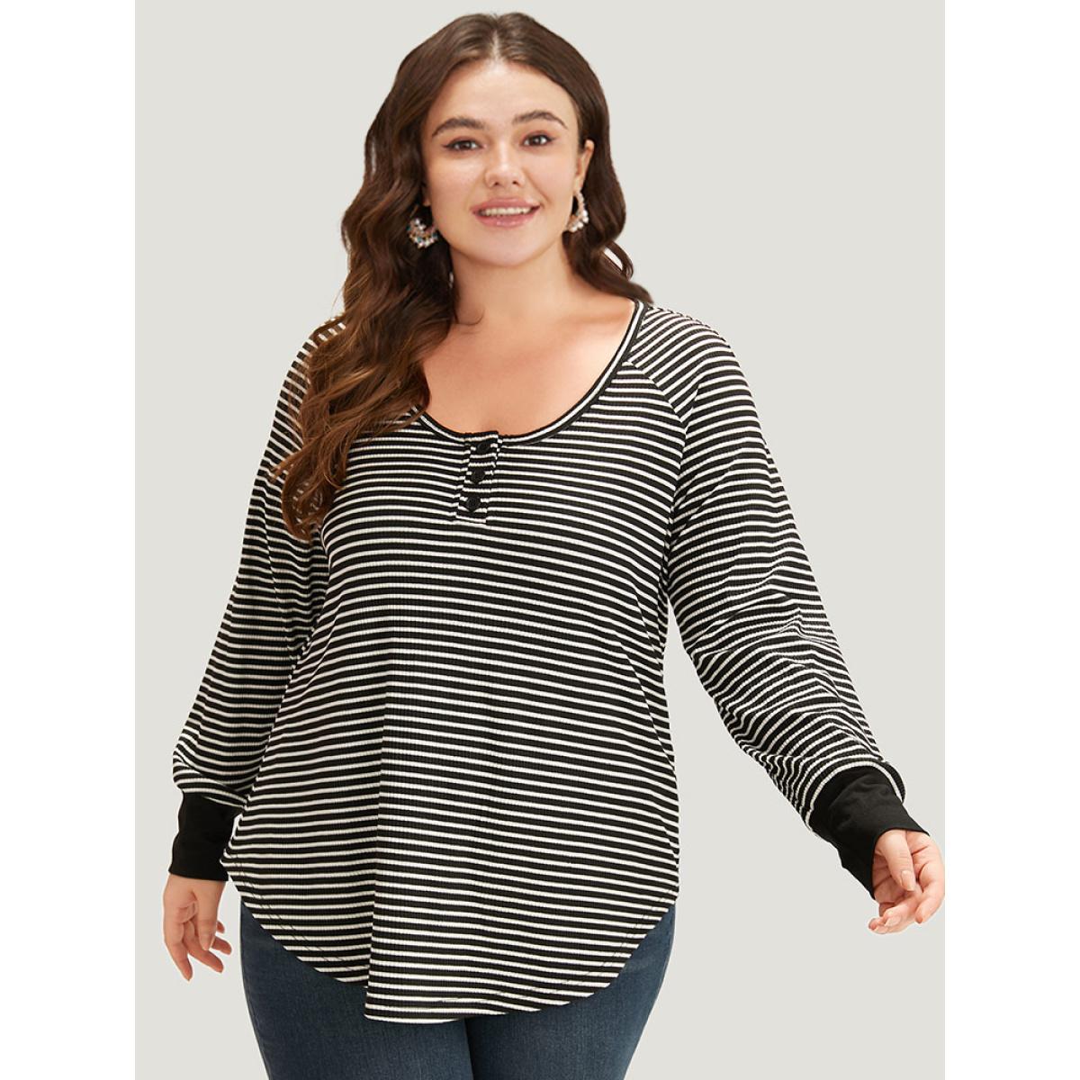 Plus Size Striped Button Up Curved Hem Patchwork T-shirt Black Women Casual Elastic cuffs Striped Open Front Dailywear T-shirts BloomChic 10/M Product Image