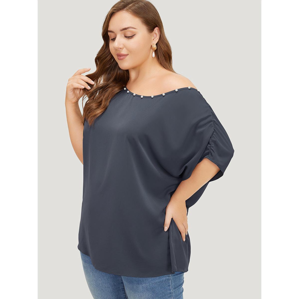 Plus Size Indigo Solid Pearl Beaded Ruched Sleeve Blouse Women Glamour Sleeveless One Shoulder Going out Blouses BloomChic 14-16/1X Product Image