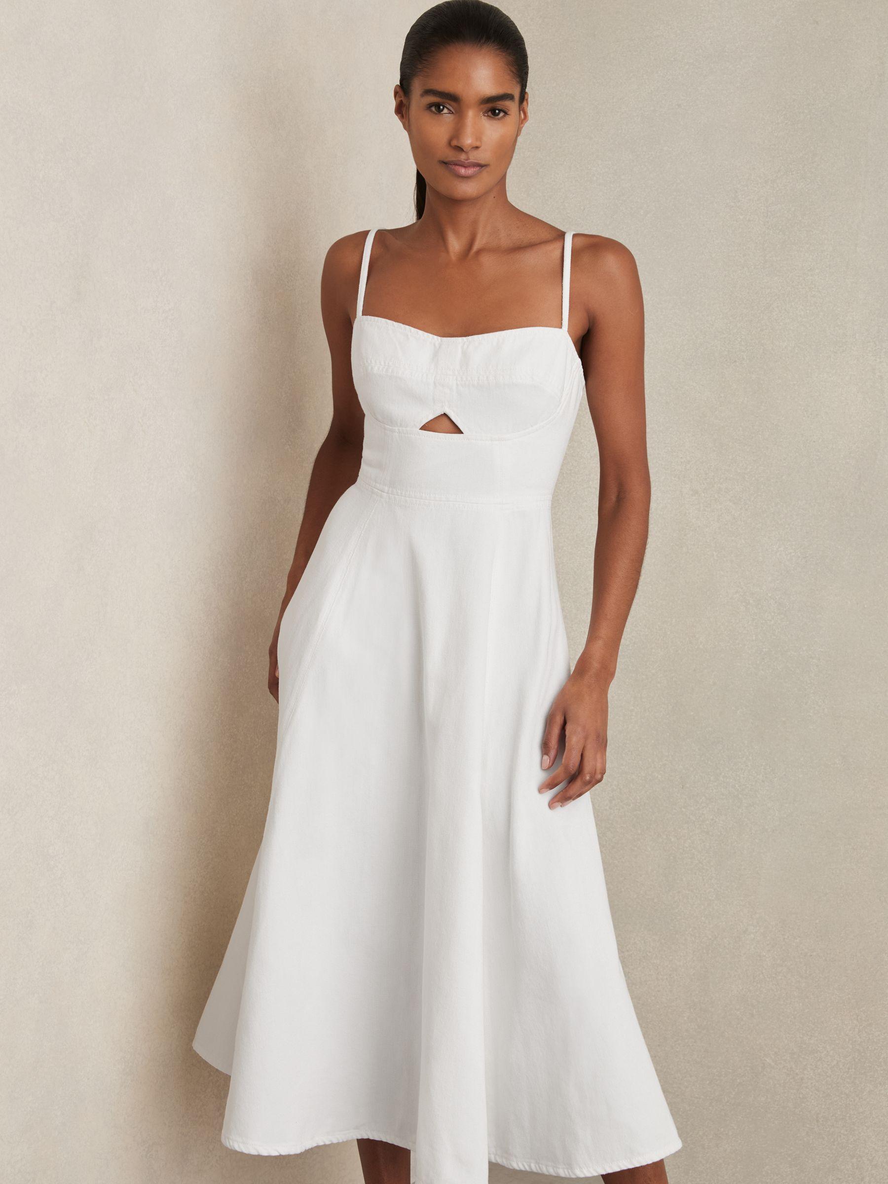 Denim Fit and Flare Midi Dress in White Product Image