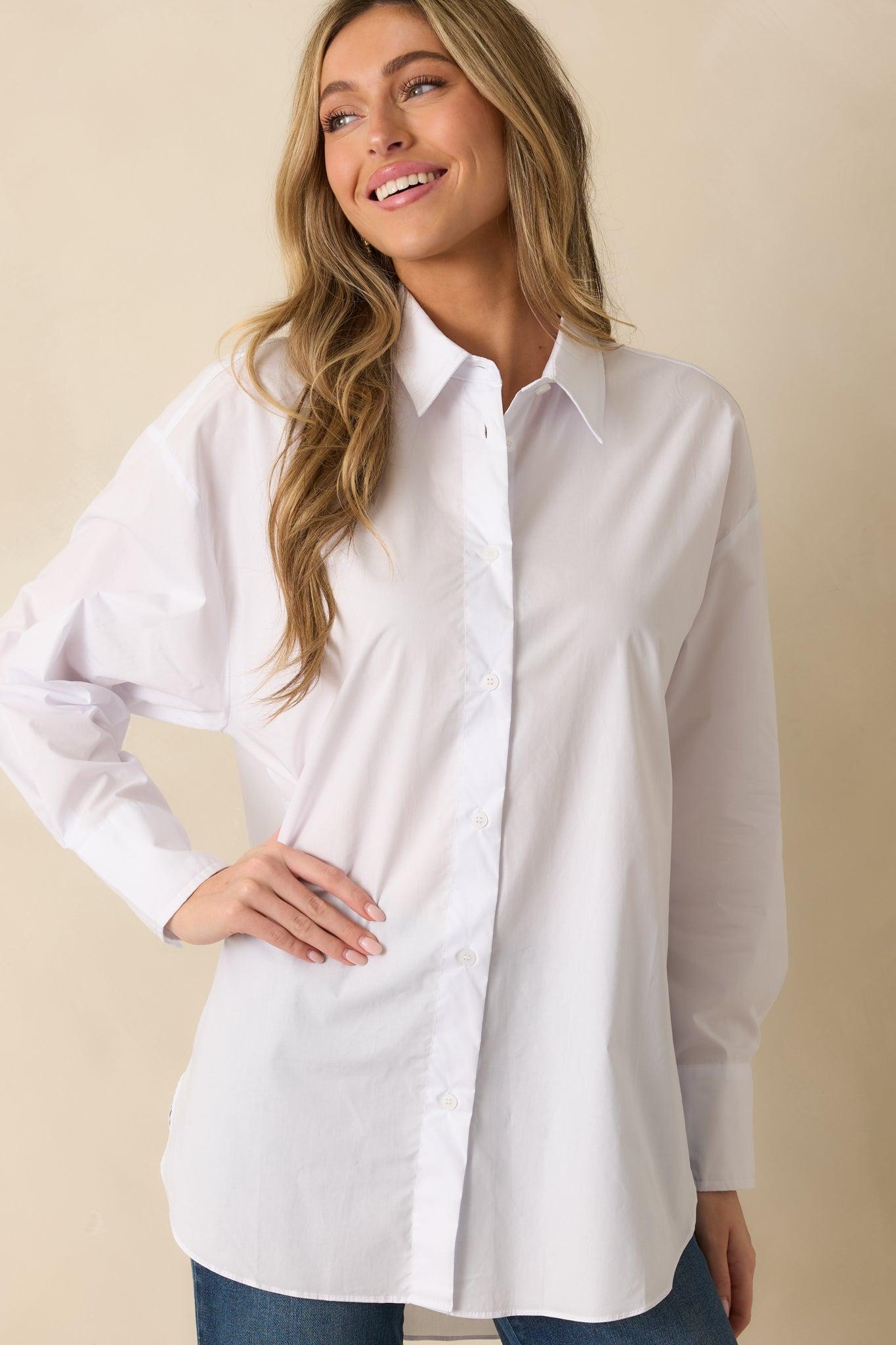 Came Prepared Cotton White Long Sleeve Button Front Top Product Image