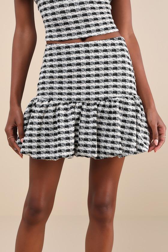 Ultra Darling Black and White Gingham Tweed Bubble-Hem Skirt Product Image