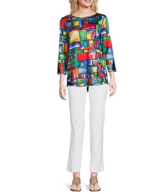 Ali Miles Petite Size Reversible Mesh Knit Round Neck 3/4 Sleeve Hi-Low Hem Tunic Product Image