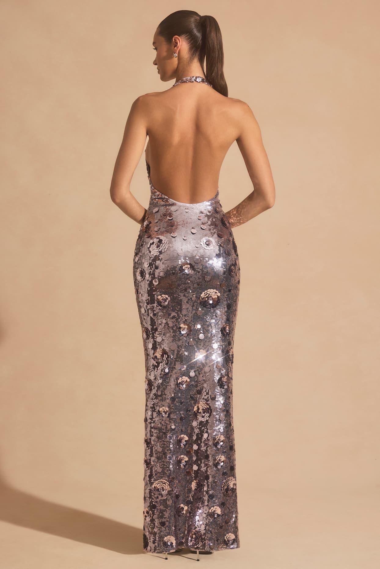 Sequin-Embellished Halterneck Maxi Dress in Silver Product Image