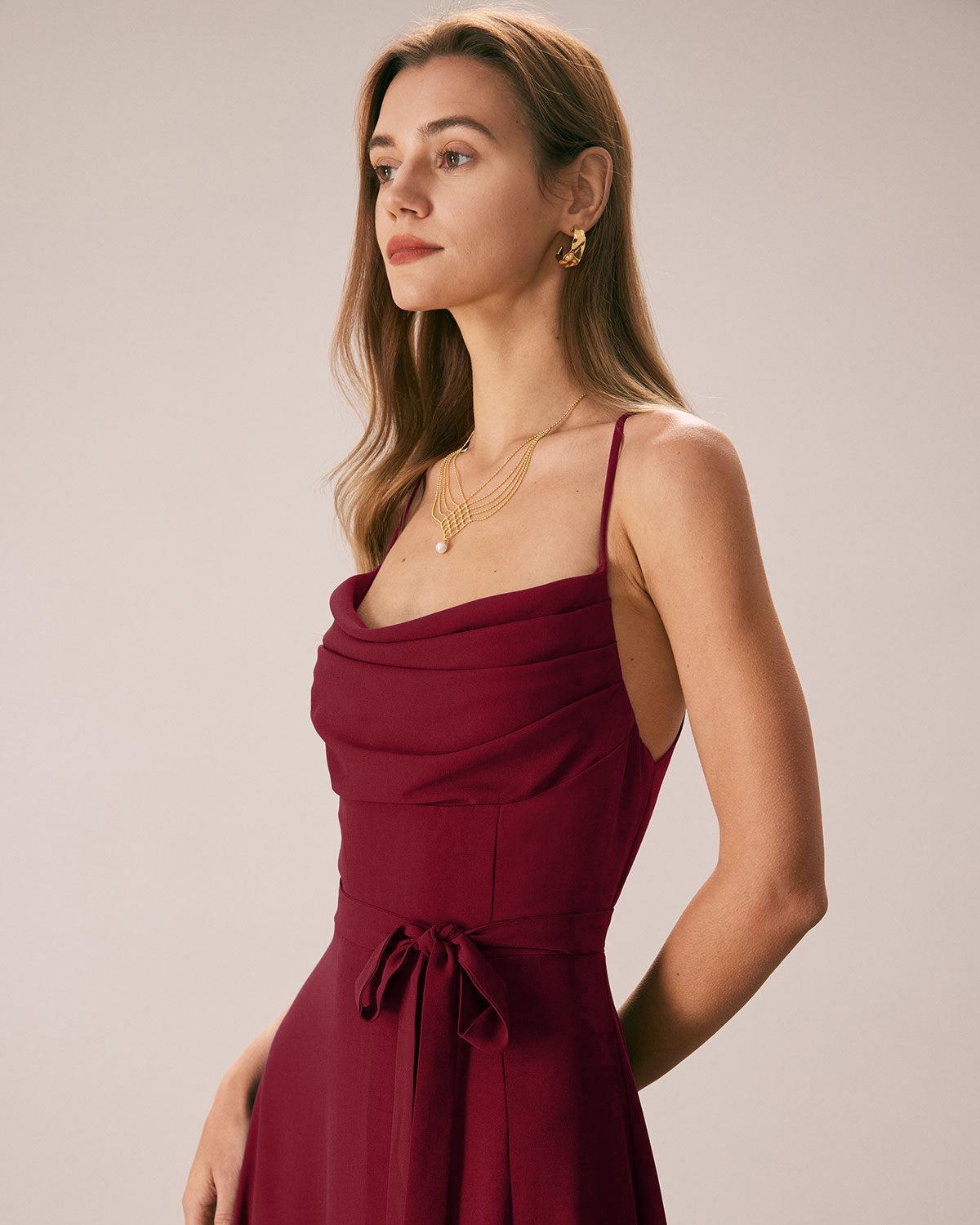 Red Cowl Neck Slip Maxi Dresses Product Image
