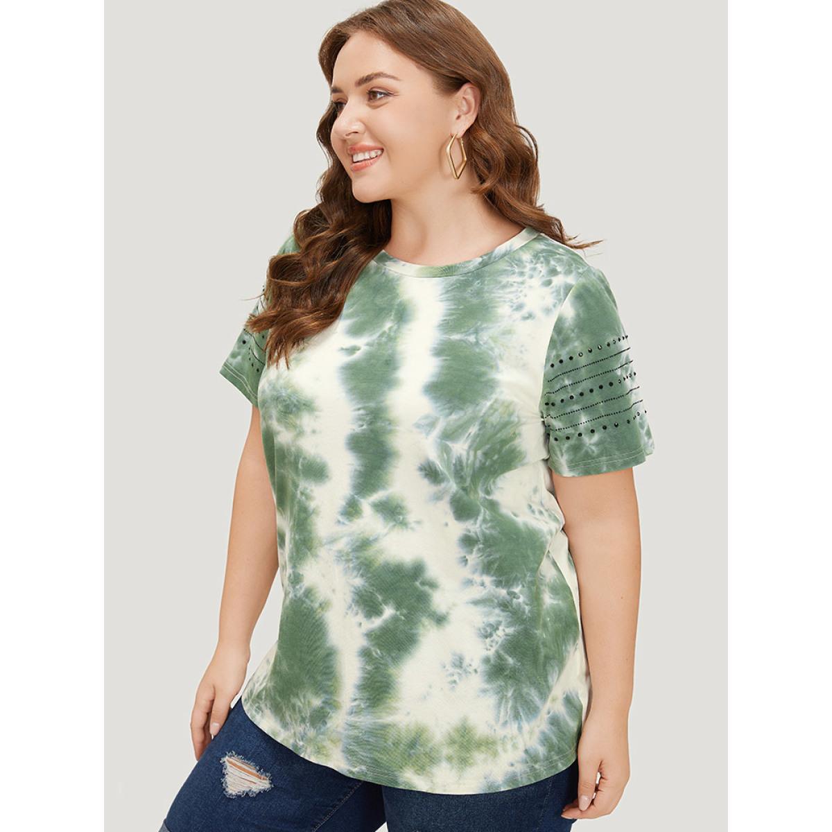 Plus Size Tie Dye Crew Neck Rivet Detail T-shirt Green Women Casual Tie Dye Round Neck Dailywear T-shirts BloomChic 26/4X Product Image