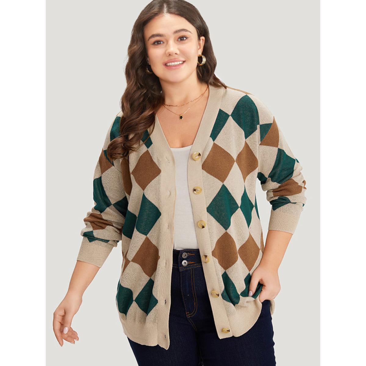 Plus Size Argyle Plaid Contrast Button Up Cardigan Multicolor Women Casual Loose Long Sleeve Dailywear Cardigans BloomChic 26/4X Product Image