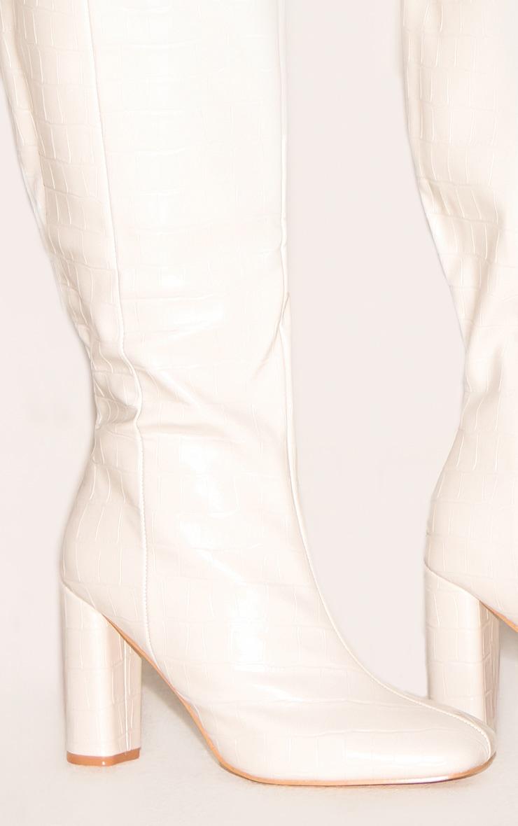 White Wide Fit Pu Croc Square Toe Block Heel Knee High Boots Product Image