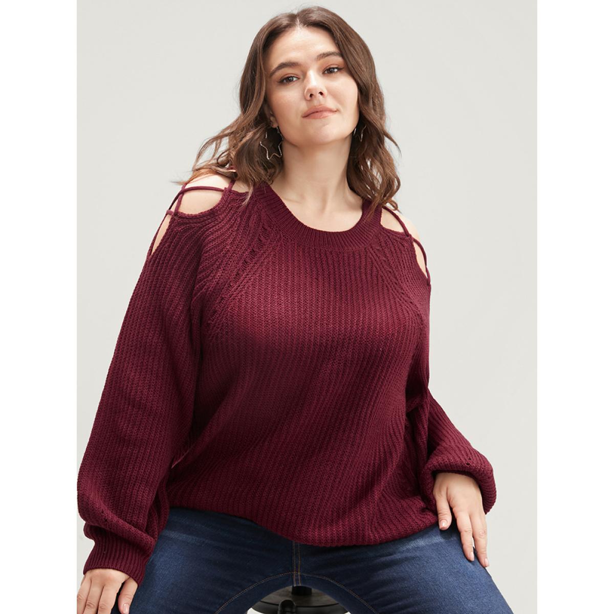 Plus Size Solid Pointelle Knit Cut Out Lantern Sleeve Knit Top Scarlet Women Elegant Loose Long Sleeve Round Neck Dailywear Pullovers BloomChic 22-24/3X Product Image