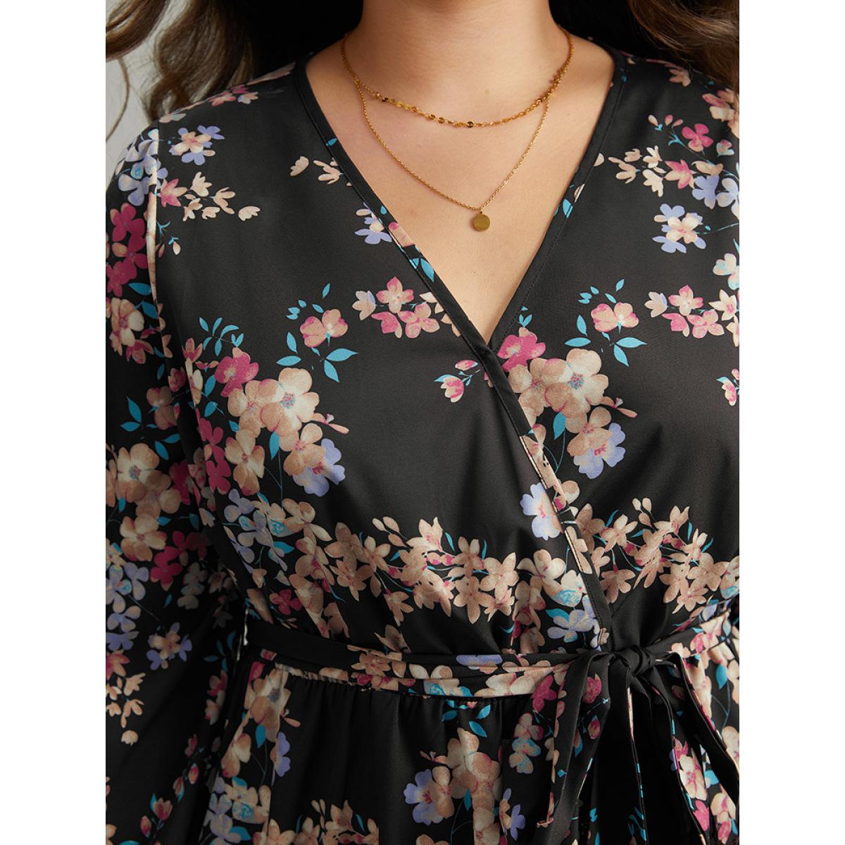 Plus Size Floral Print Overlap Collar Elastic Cuffs Dress Black Women Elegant Elastic cuffs Overlap Collar Long Sleeve Curvy Midi Dress BloomChic 12/L Product Image
