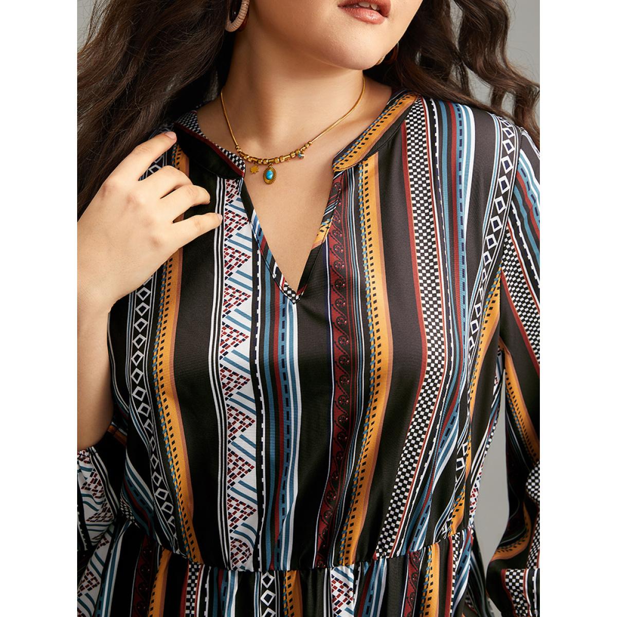 Plus Size Bandana Print Notched Ruffle Layered Hem Dress Black Women Resort Elastic cuffs Notched collar Long Sleeve Curvy Midi Dress BloomChic 26/4X Product Image