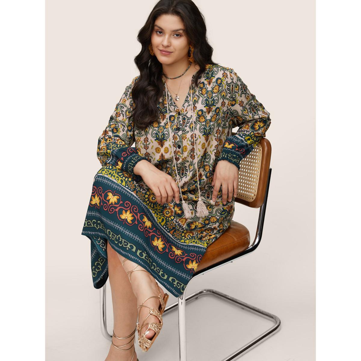 Plus Size Bandana Print Tassels Ties Shirred Cuffs Dress DarkGreen Women Vacation Tassels Tie Neck Long Sleeve Curvy Midi Dress BloomChic 22-24/3X Product Image