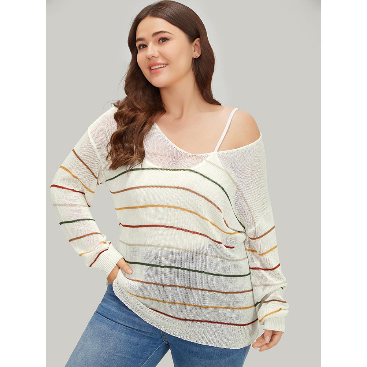 Plus Size Rainbow Striped Mesh Lightweight Pullover Multicolor Women Casual Loose Long Sleeve Open Front Everyday Pullovers BloomChic 28/5X Product Image