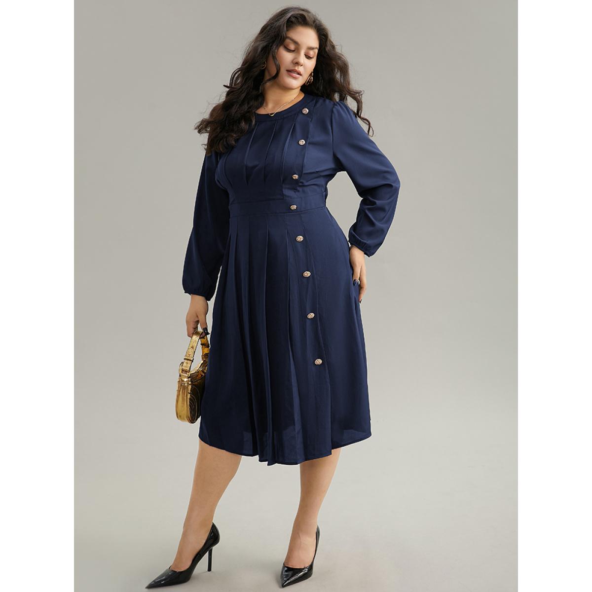 Plus Size Static-Free Metal Detail Plicated Detail Dress Navy Women Office Elastic cuffs Round Neck Long Sleeve Curvy Midi Dress BloomChic 18-20/2X Product Image