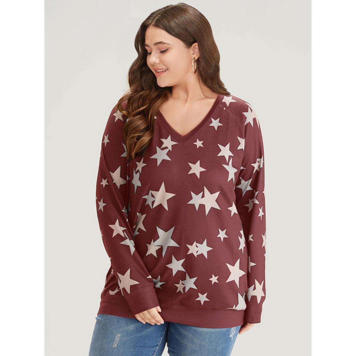 Plus Size Star Print V Neck Raglan Sleeve Sweatshirt Women Raspberry Elegant Elastic cuffs V-neck Dailywear Sweatshirts BloomChic 14-16/1X Product Image