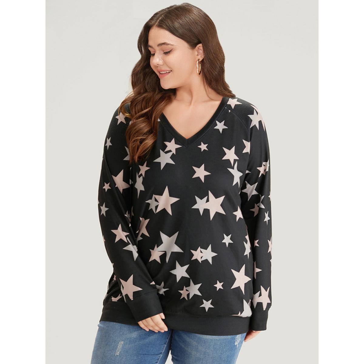 Plus Size Star Print V Neck Raglan Sleeve Sweatshirt Women Black Elegant Elastic cuffs V-neck Dailywear Sweatshirts BloomChic 22-24/3X Product Image