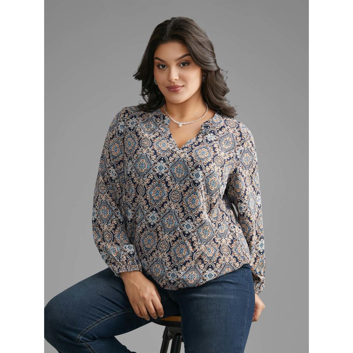 Plus Size Indigo Boho Print Notched Collar Slit Hem Blouse Women Elegant Long Sleeve Notched collar Everyday Blouses BloomChic 18-20/2X Product Image