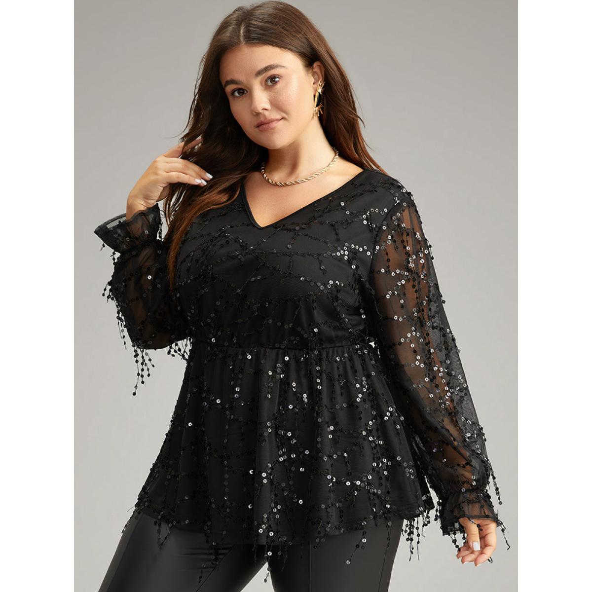 Plus Size Black Halloween Sequin Mesh Elastic Waist Patchwork Blouse Women Glamour Long Sleeve V-neck Festival-Halloween Blouses BloomChic 22-24/3X Product Image