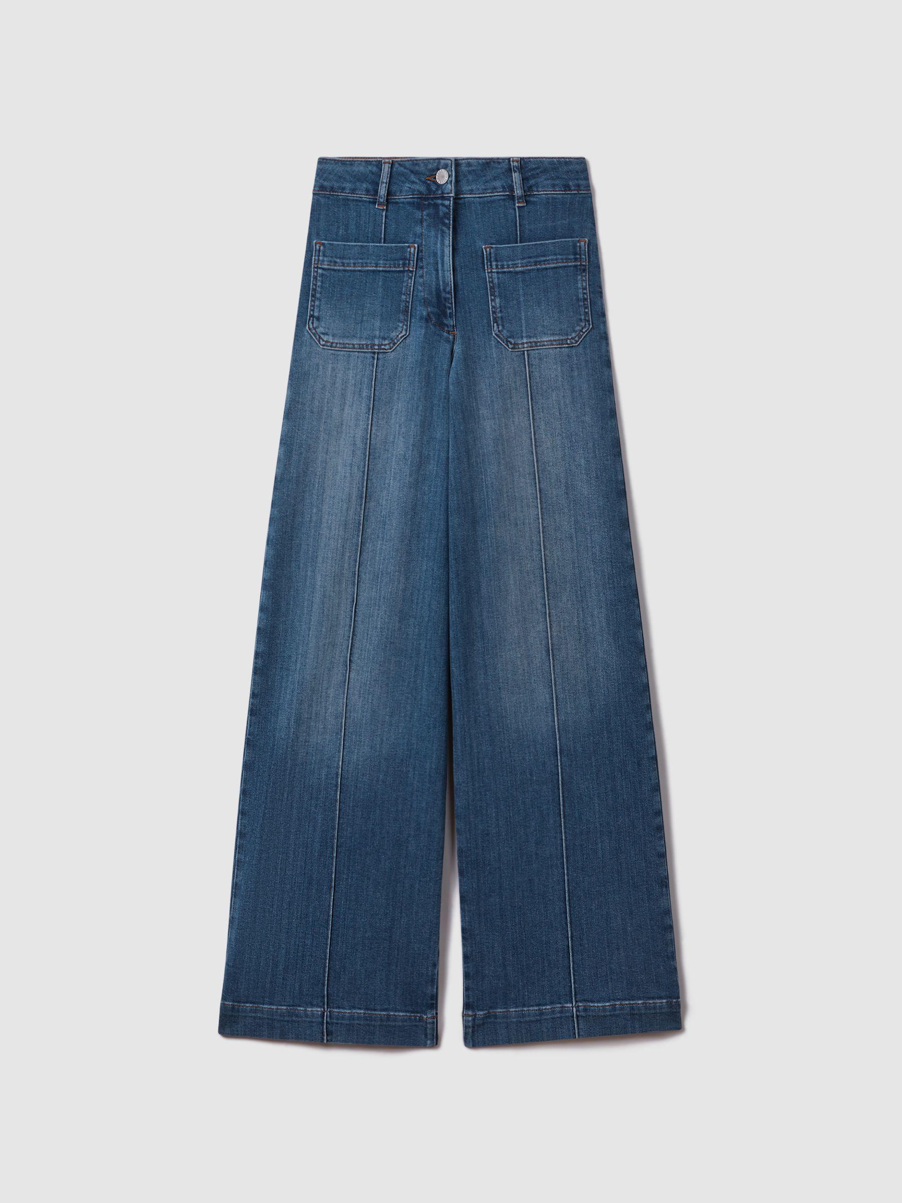 Petite Front Pocket Wide Leg Jeans in Mid Blue Product Image