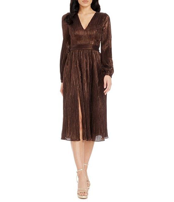 Dress the Population Holly Metallic V-Neck Long Bishop Sleeve Pleated Midi Dress Product Image