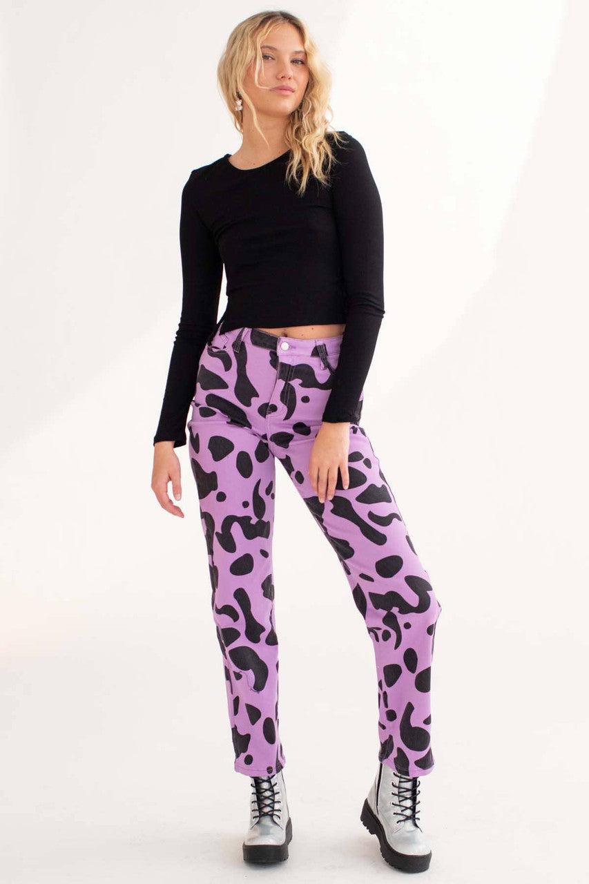 Purple Cow Print Wide Leg Jeans Product Image