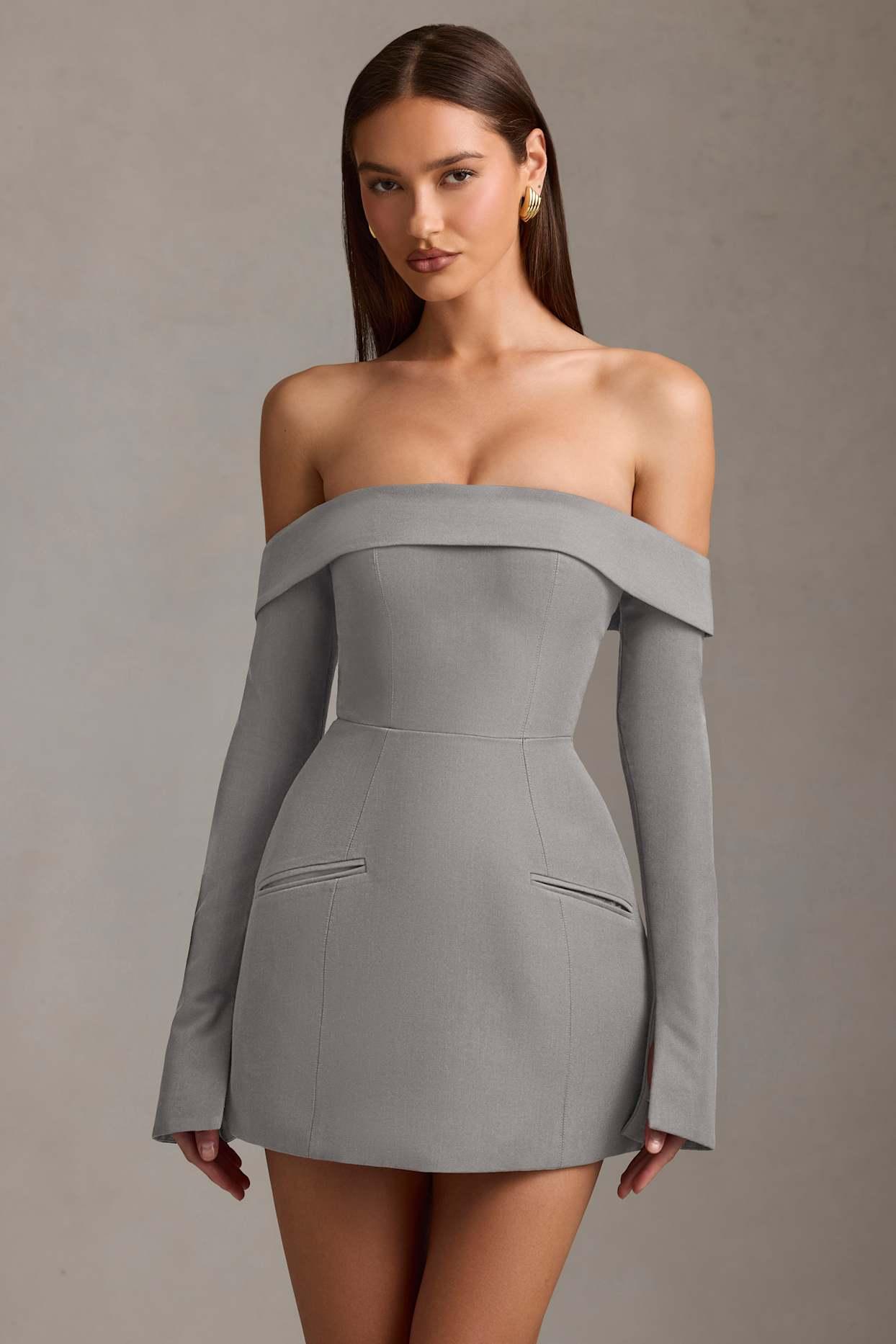 Off-Shoulder Structured A-Line Mini Dress in Grey Product Image