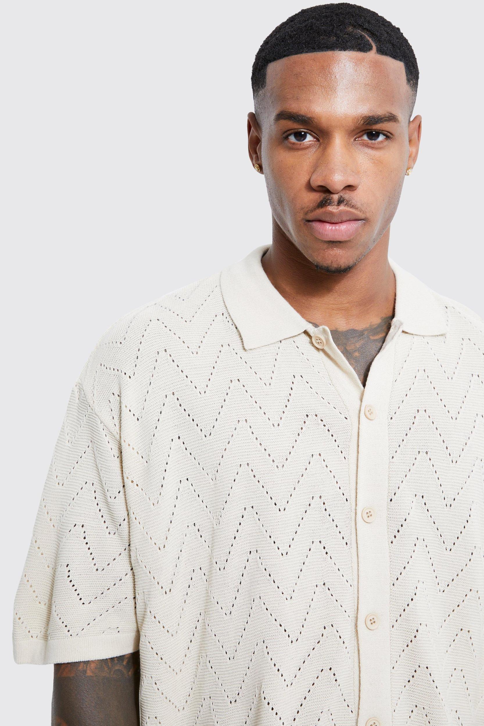 Short Sleeve Boxy Open Stitch Knitted Shirt | boohooMAN USA Product Image