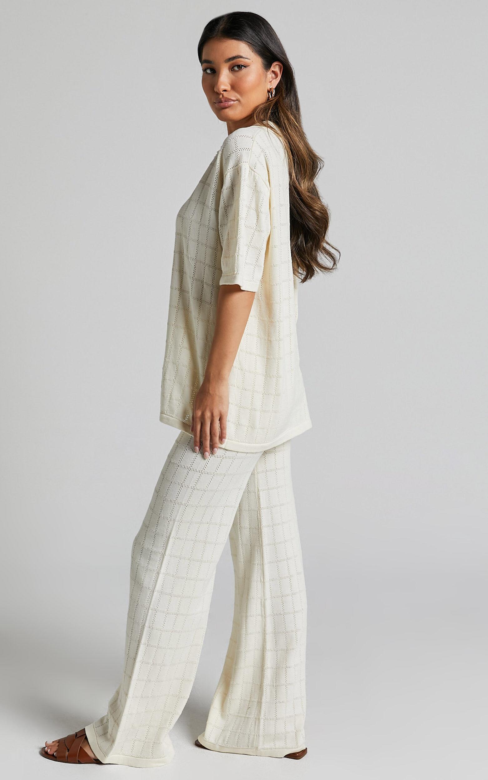 Tommy Two Piece Set - Knit Button Through Top and Pants Two Piece Set in Cream Product Image