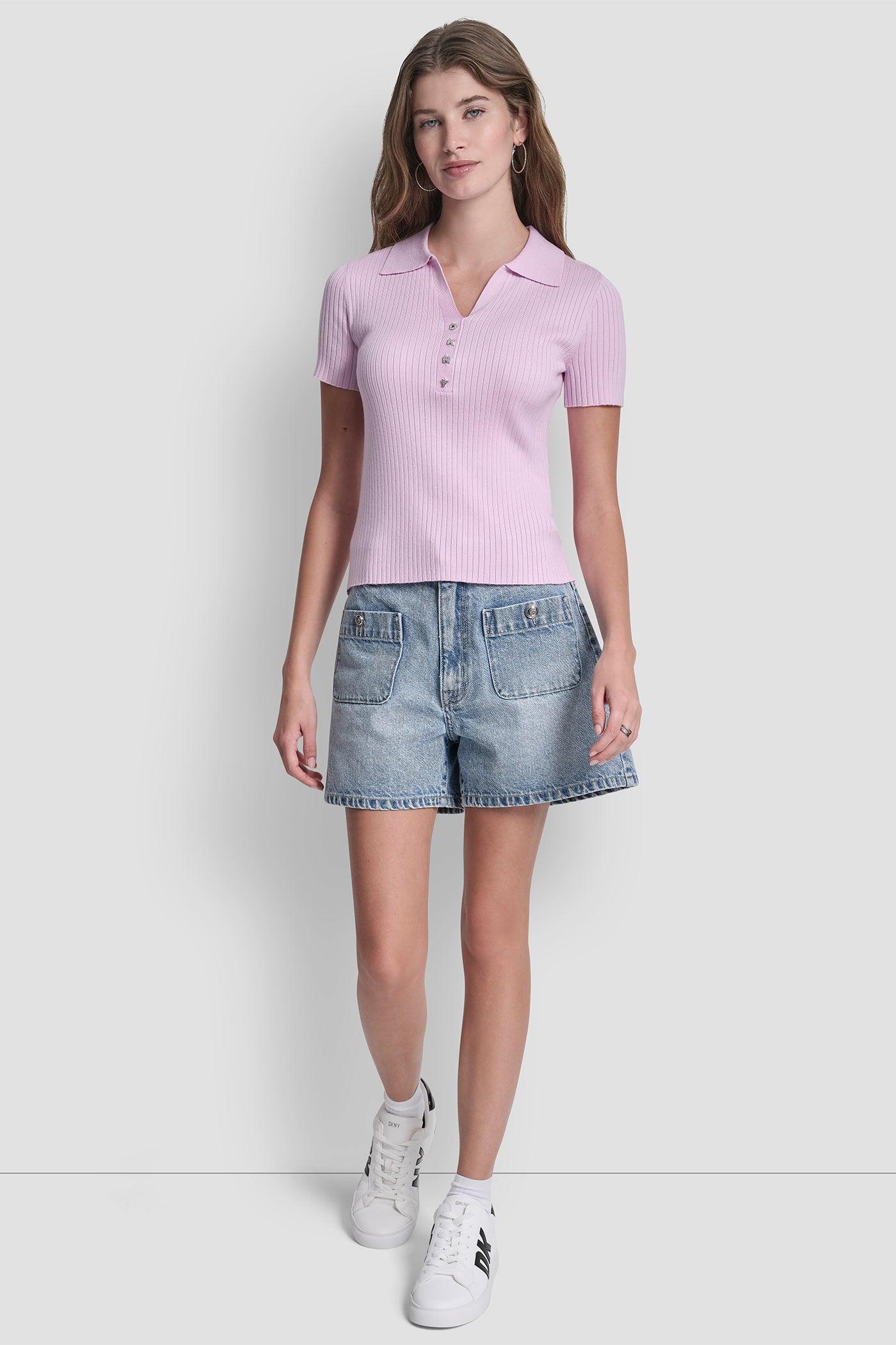 RIBBED POLO WITH RHINESTONE BUTTONS Product Image