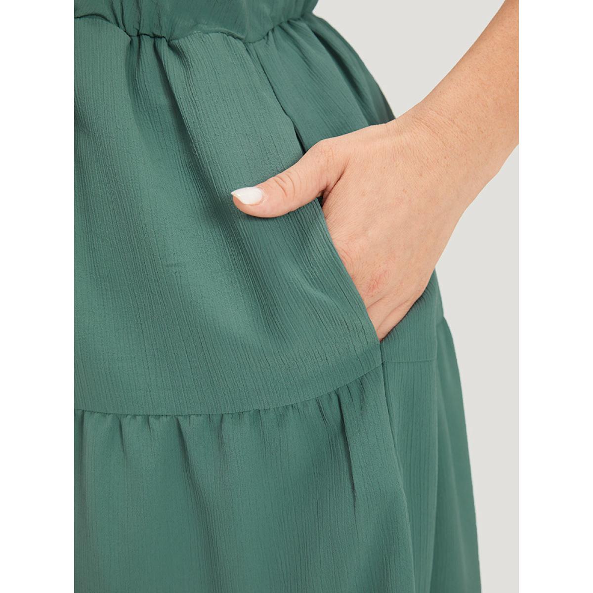Plus Size Plain Button Detail Ruffle Layered Hem Gathered Tank Dress Teal Women Elegant Patchwork V-neck Sleeveless Curvy Knee Dress BloomChic 14-16/1X Product Image